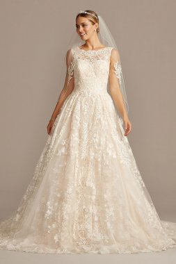 Beaded Lace Wedding Dress with Pleated Skirt Oleg Cassini CWG780