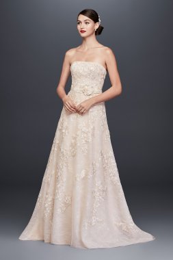 Beaded Lace Wedding Dress with Pleated Skirt Oleg Cassini CWG780