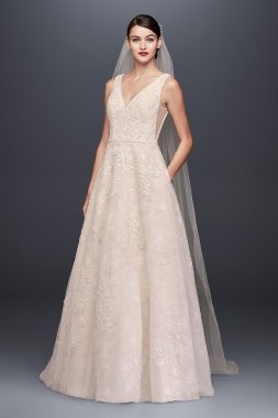 Appliqued Tulle-Over-Lace A-Line Wedding Dress Oleg Cassini CWG792