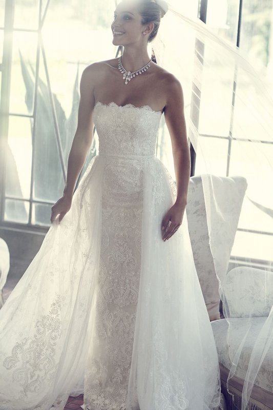 Lace Sheath Wedding Dress with Removable Overskirt Oleg Cassini CWG816