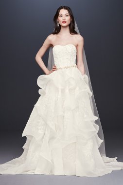 Floral Applique Wedding Dress with Tiered Skirt Oleg Cassini CWG822