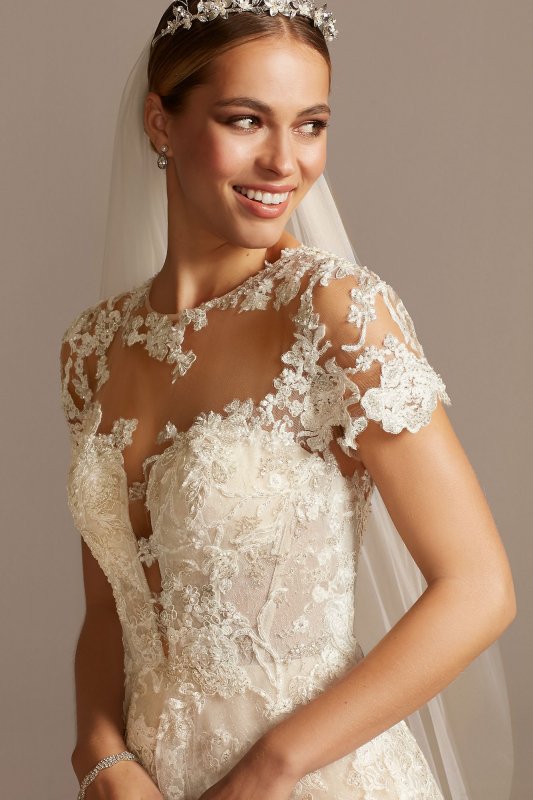 Lace Illusion Cap Sleeve Ball Gown Wedding Dress Oleg Cassini CWG833
