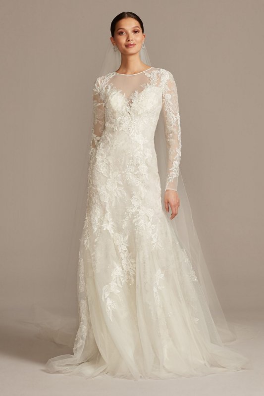 Stretch Illusion Beaded Floral Wedding Dress Oleg Cassini CWG844