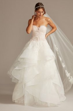 Printed Tulle Wedding Dress with Tiered Skirt Oleg Cassini CWG845