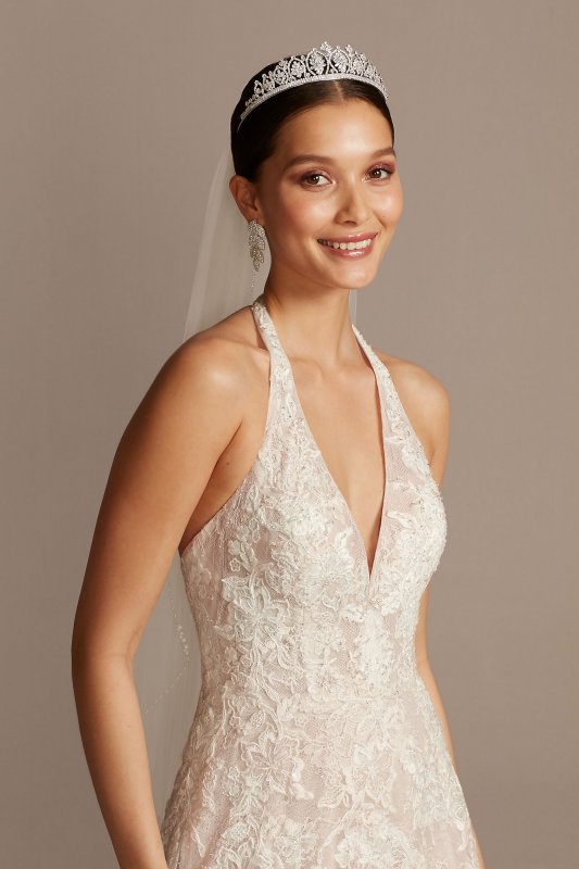 Beaded Lace Halter A-line Wedding Dress Oleg Cassini CWG848