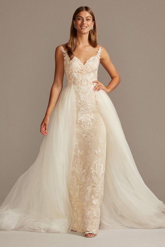 Lace Sheath Wedding Dress with Tulle Overskirt Oleg Cassini CWG850