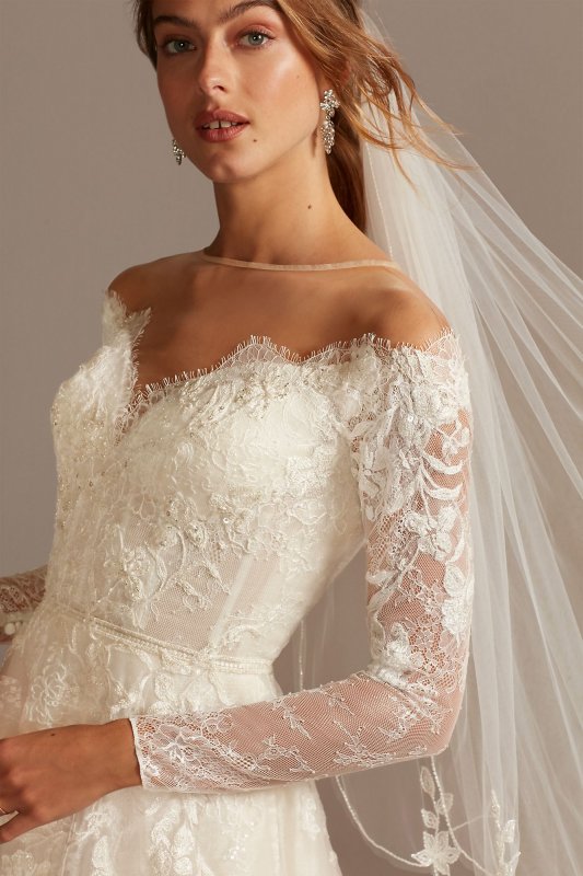 Shimmer Lace Long Sleeve Applique Wedding Dress Oleg Cassini CWG853