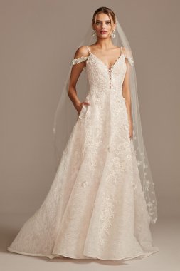 Beaded Applique Wedding Dress with Swag Sleeves Oleg Cassini CWG875