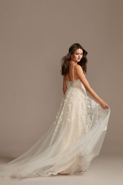 Pleated Lace Wedding Dress with Caged Tulle Skirt Melissa Sweet MS251229