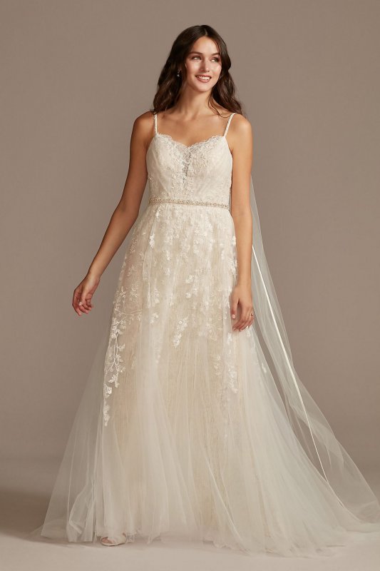 Pleated Lace Wedding Dress with Caged Tulle Skirt Melissa Sweet MS251229