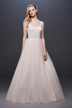 Lace and Tulle Ball Gown Wedding Dress with Ribbon David's Bridal Collection NTWG3905