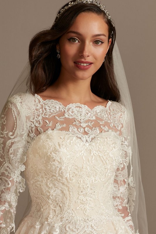 Long Sleeve Beaded Lace Folded Skirt Wedding Dress Oleg Cassini SLCWG780