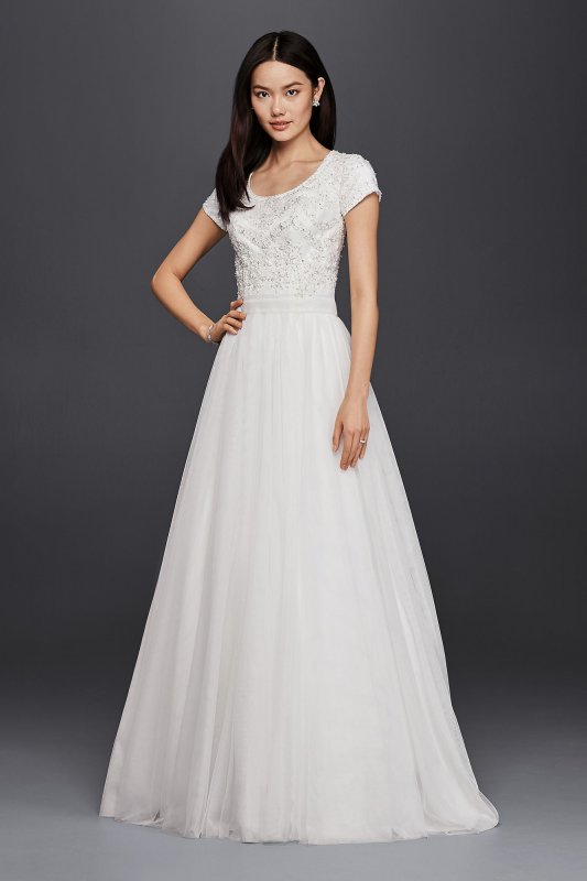 Modest Short Sleeve A-Line Wedding Dress David's Bridal Collection SLWG3811