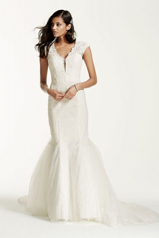 Illusion Deep Plunge Lace Cap Sleeve Wedding Dress Galina Signature SWG681