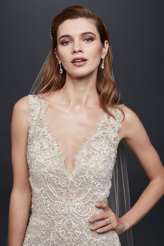 Beaded Lace Wedding Dress with Plunging Neckline Galina Signature SWG689