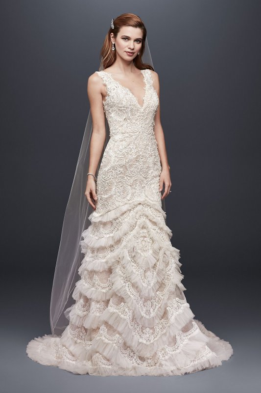 Beaded Lace Wedding Dress with Plunging Neckline Galina Signature SWG689