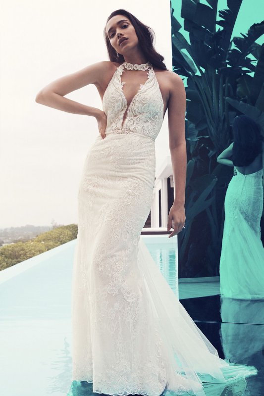 Plunge Neckline Lace Halter Wedding Dress Galina Signature SWG825