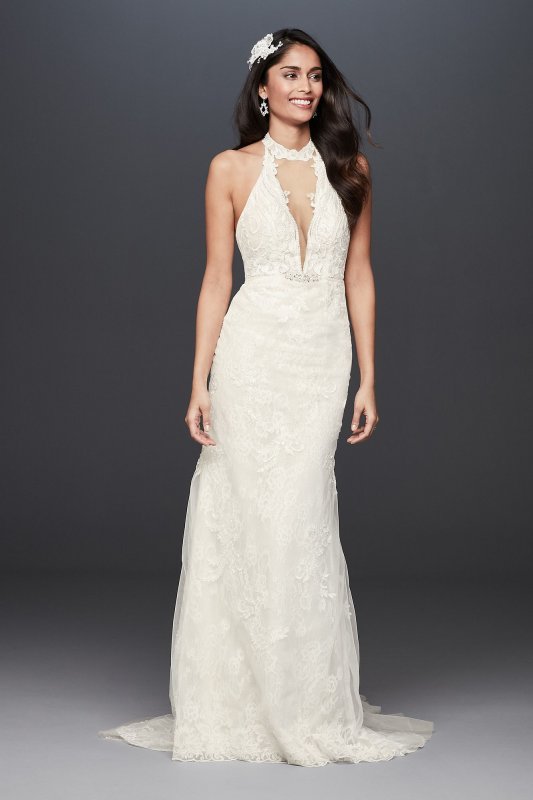 Plunge Neckline Lace Halter Wedding Dress Galina Signature SWG825