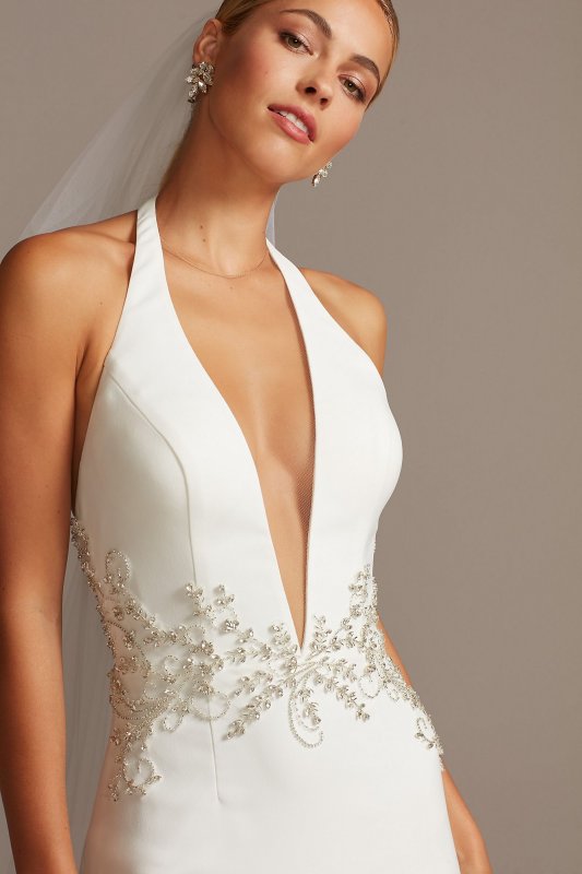 Embellished Waist Plunge Halter Wedding Dress Galina Signature SWG838