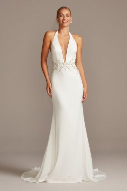 Embellished Waist Plunge Halter Wedding Dress Galina Signature SWG838