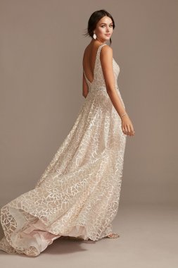 Geometric Sequin Illusion Plunge Wedding Dress Galina Signature SWG863