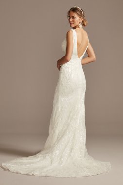 Geometric Beaded Illusion Plunge Wedding Dress Galina Signature SWG873