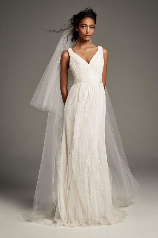 Pleated Tulle Flutter-Back Sheath Wedding Dress White by Vera Wang VW351448