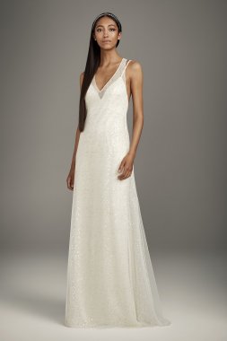 Satin Slip Dress with T-Back Sequin Tulle Overlay White by Vera Wang VW351466