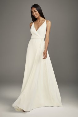 Crepe Wrap Gown with Jeweled Crisscross Low Back White by Vera Wang VW351495