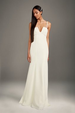 Notch-Neck Crepe Gown with Ruffle Inset Train White by Vera Wang VW351519