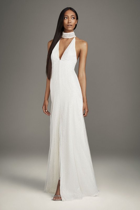 High Slit Sequin Gown With Plunging Choker Neck White by Vera Wang VW351524