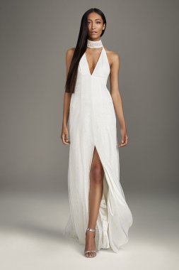 High Slit Sequin Gown With Plunging Choker Neck White by Vera Wang VW351524