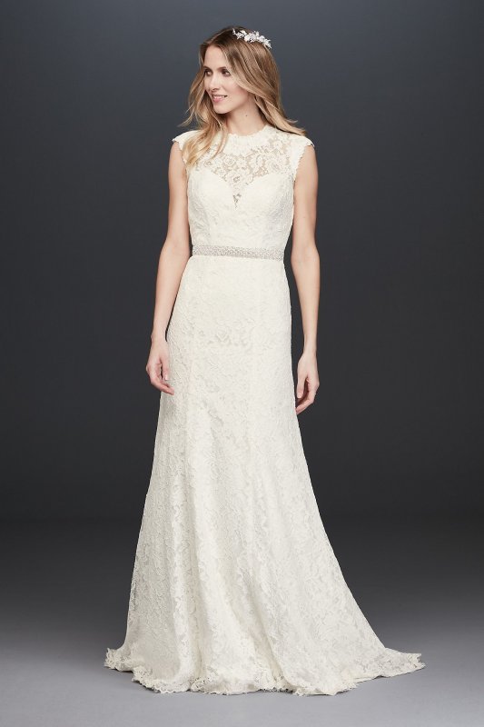 Allover Lace Cap Sleeve Sheath Wedding Dress David's Bridal Collection WG3910