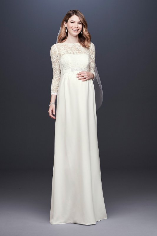 3/4 Sleeve Crepe Sheath Maternity Wedding Dress David's Bridal Collection WG3921