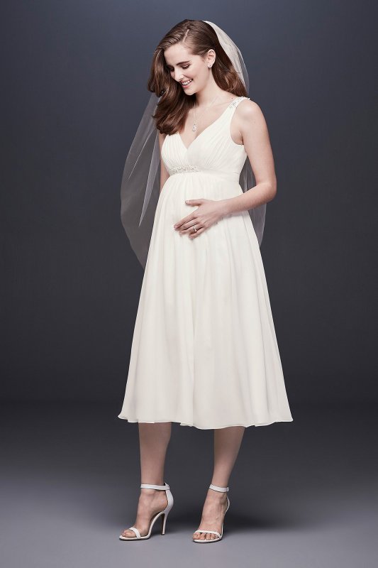 Tea-Length Chiffon V-Neck Maternity Wedding Dress David's Bridal Collection WG3922