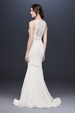 Beaded Lace Wedding Dress with Pleated Skirt Oleg Cassini CWG780