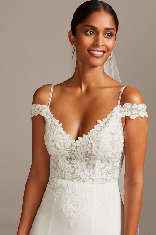 Floral Applique Sheer Bodice Crepe Wedding Dress David's Bridal Collection WG3977