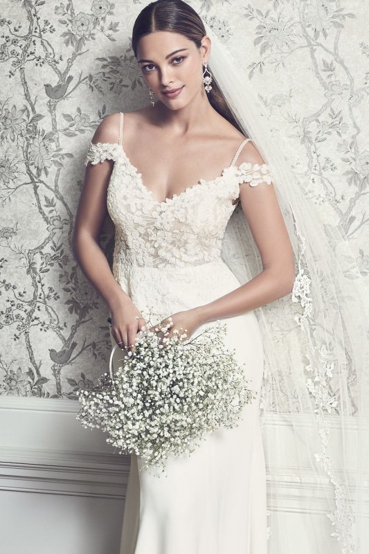 Floral Applique Sheer Bodice Crepe Wedding Dress David's Bridal Collection WG3977