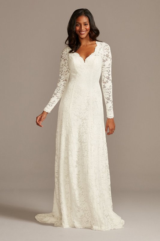 Scalloped Lace Long Sleeve Open Back Wedding Dress David's Bridal Collection WG3987