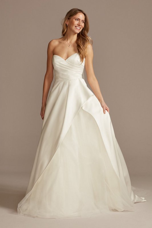 Pleated Satin Asymmetric Tulle Hem Wedding Dress David's Bridal WG4006