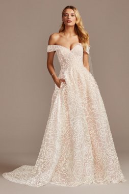 Floral Caviar Bead Off the Shoulder Wedding Dress David's Bridal WG4010