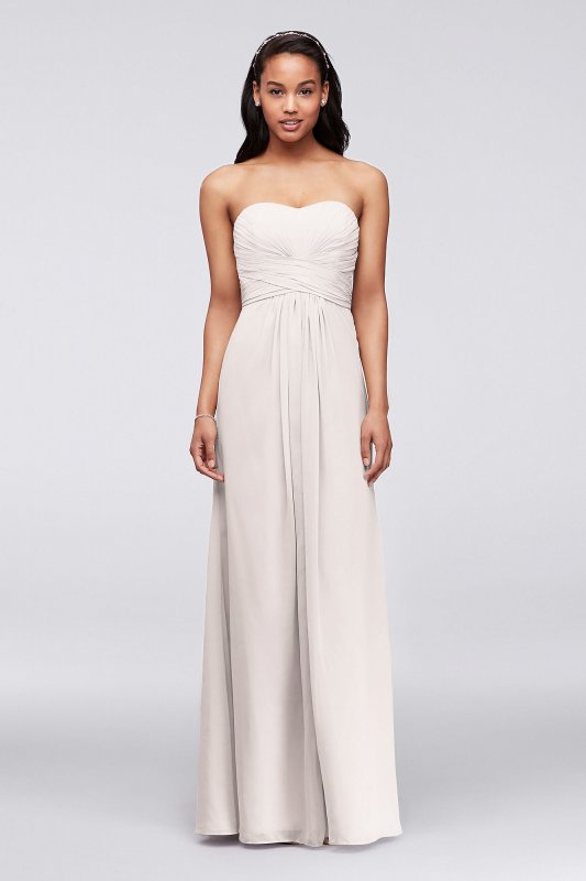 Long Strapless Chiffon Dress with Pleated Bodice David's Bridal F15555