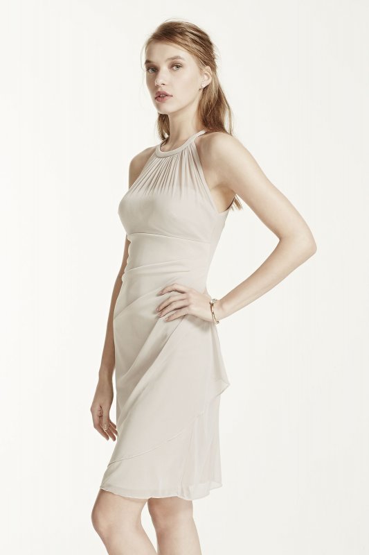 Short High Neck Mesh Dress with Side Cascade David's Bridal F15612