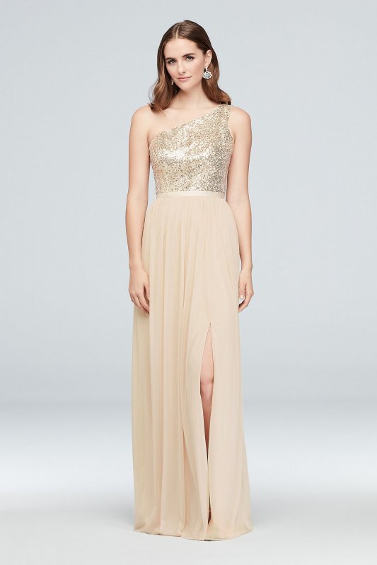 Sequin and Mesh One-Shoulder Bridesmaid Dress David's Bridal F17063S