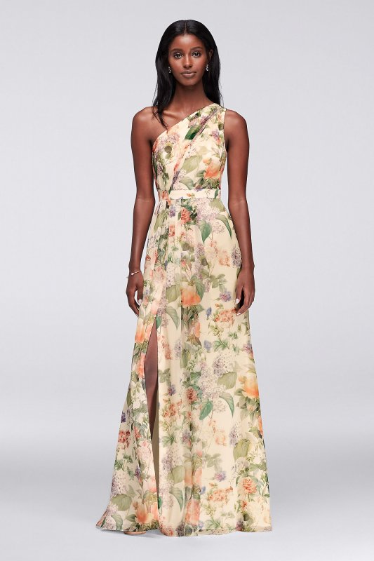 Long One Shoulder Printed Chiffon Dress David's Bridal F18055P