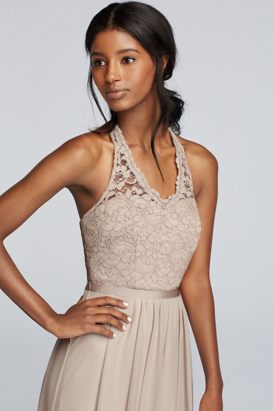 Long Mesh Dress with Lace Halter Bodice David's Bridal F19025