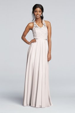 Long Mesh Dress with Lace Halter Bodice David's Bridal F19025