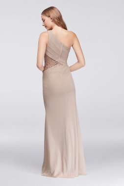 One-Shoulder Mesh Bridesmaid Dress with Lace Inset David's Bridal F19419