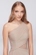 One-Shoulder Mesh Bridesmaid Dress with Lace Inset David's Bridal F19419