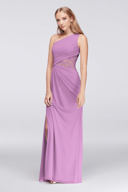 One-Shoulder Mesh Bridesmaid Dress with Lace Inset David's Bridal F19419